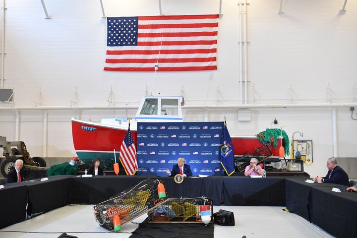 President Donald Trump joins a roundtable in support of commercial fishermen, in Bangor, Maine, on June 5.