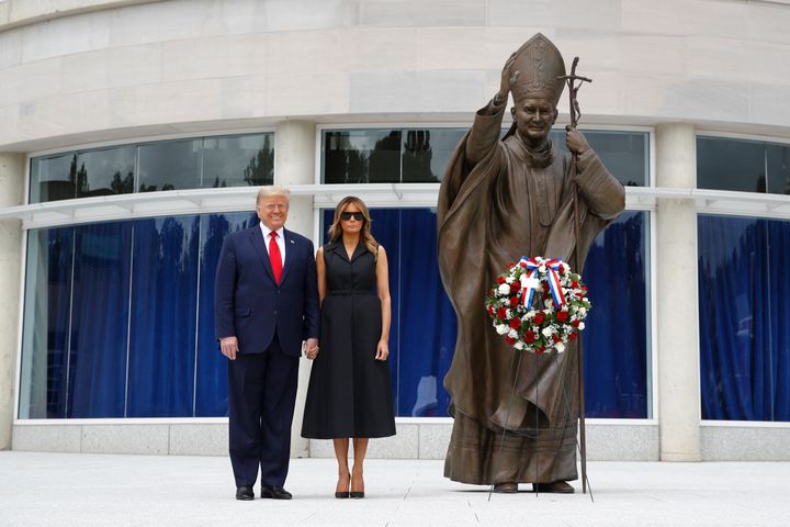 President Donald Trump and first lady Melania Trump visit St. John Paul II National Shrine on Tuesday in Washington.