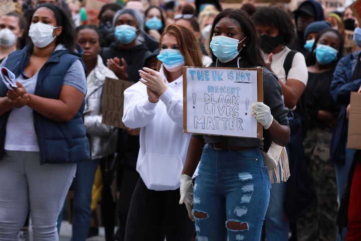 Protestors gather at a Black Lives Matter peaceful protest organised by BLM Southampton outside Southampton Guildhall in Southampton, England