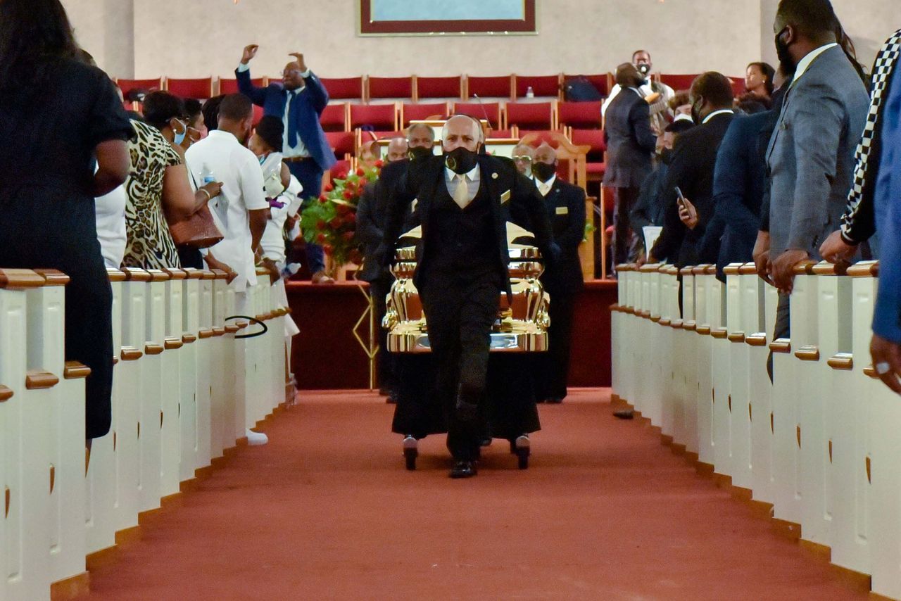 The casket is moved at the conclusion of the George Floyd Memorial at R.L Douglas Cape Fear Conference B - United American Free Will Baptist Denomination in Raeford, N.C.