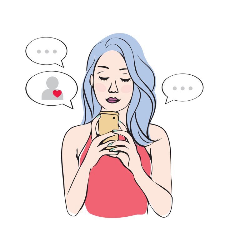 A young woman holding cellphone with speech bubbles around. 