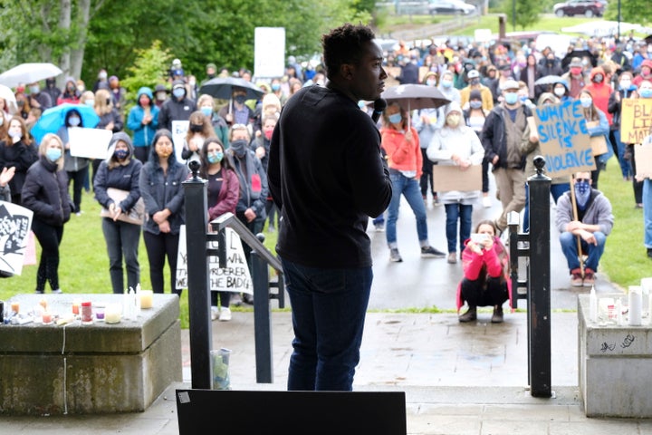 People gather during a We Are One rally at Simms Park in Courtenay, B.C. on June 5, 2020 in solidarity with the George Floyd protests across the U.S. as well as to draw attention to indigenous rights in Canada.