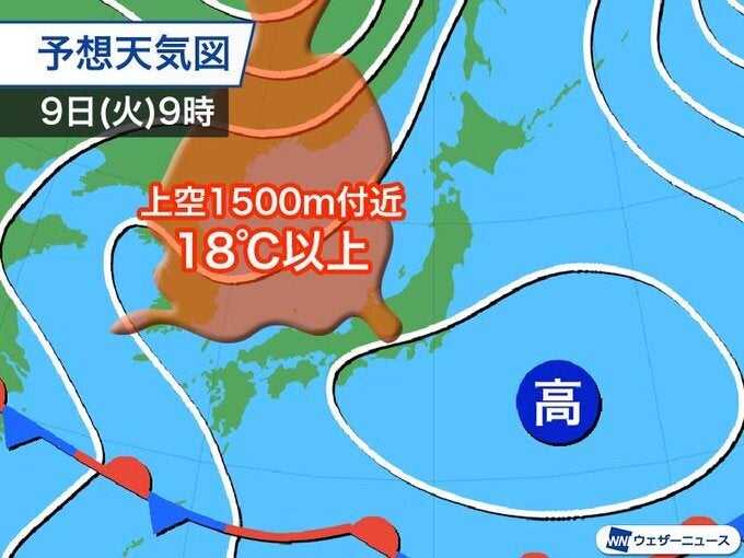 9日(火)9時の天気図と上空の暖気予想