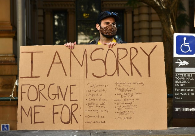 A protester at the Sydney rally, organised to protest Aboriginal deaths in custody in Australia as well as in solidarity with protests across the United States following the killing of an unarmed black man George Floyd at the hands of a police officer in Minneapolis, Minnesota. (Photo by Izhar Khan/NurPhoto via Getty Images)