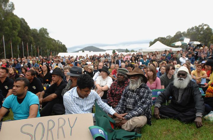 Thousands of people gathered outside Australia's Parliament House to hear Australia's new Prime Minister Kevin Rudd offer the nation's first apology to First Nations people taken from their families for assimilation with the white community, Canberra, Australia, Wednesday, 12 February, 2008. Photo Jeremy Piper/Bloomberg News