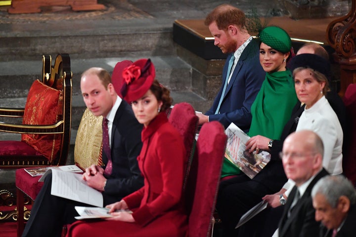 Harry and Meghan sit next to the Earl of Wessex and Countess of Wessex at the Commonwealth Day Service on March 9, 2020, in London, England.