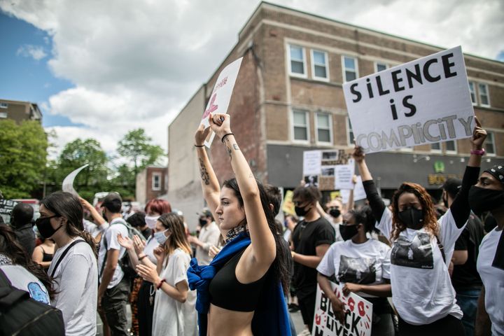 Protesters march against police brutality and racism in Montreal, on June 7, 2020.