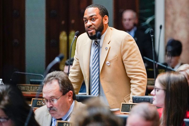 Kentucky Democratic State Senator Charles Booker advocates for the passage of Kentucky HB-12 on the floor of the House of Representatives in the State Capitol, Frankfort, Kentucky,on Feb. 19.