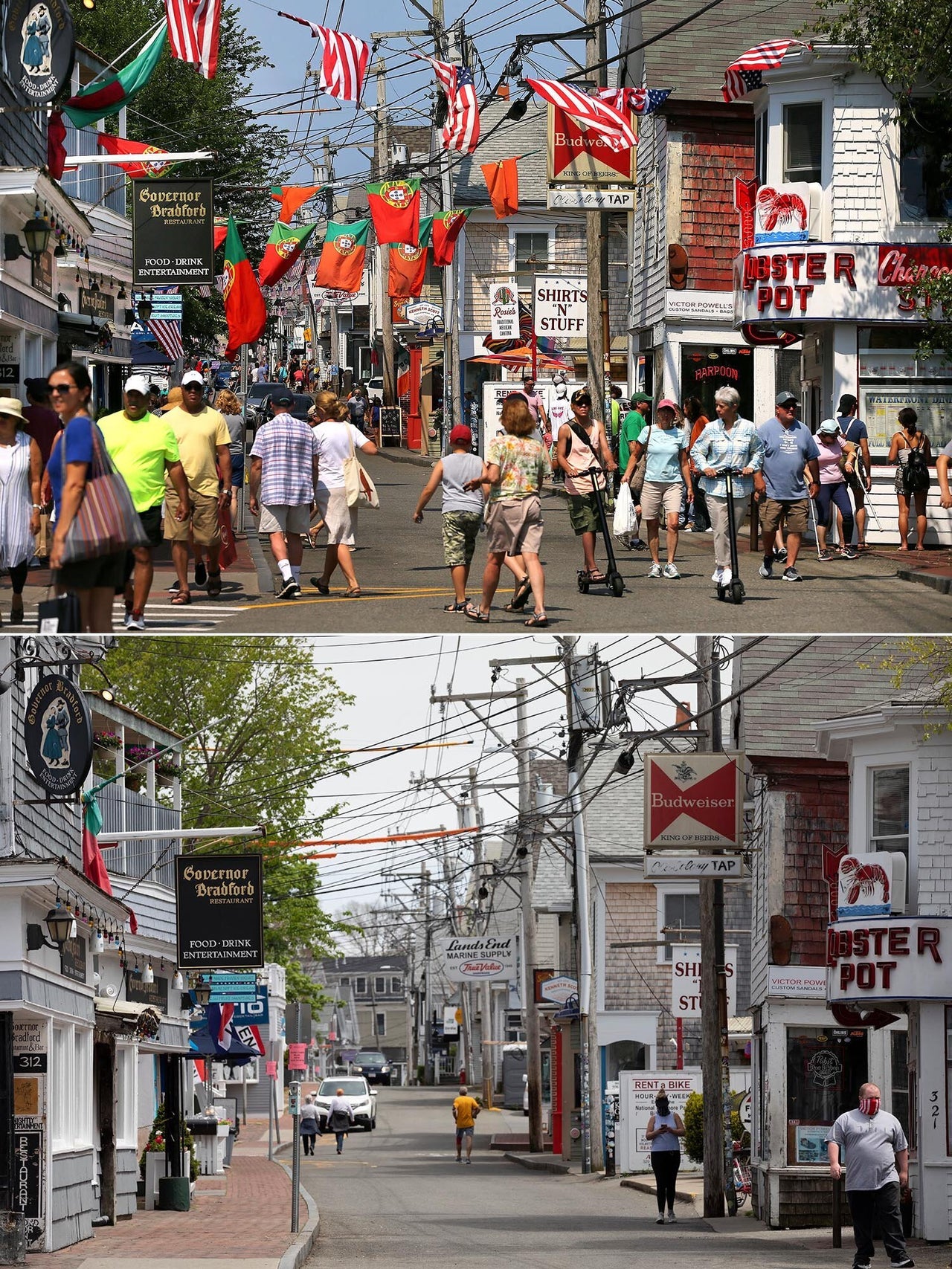 Top image: Crowds fill Commercial Street on July 10, 2019. Bottom image: Closed stores line the usually crowded Commercial Street on May 25, 2020.