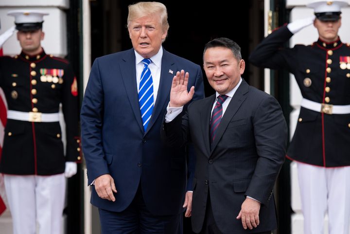 President Donald Trump welcomes Mongolian President Khaltmaagiin Battulga to the White House shortly before Donald Trump Jr.'s hunting trip to Mongolia.