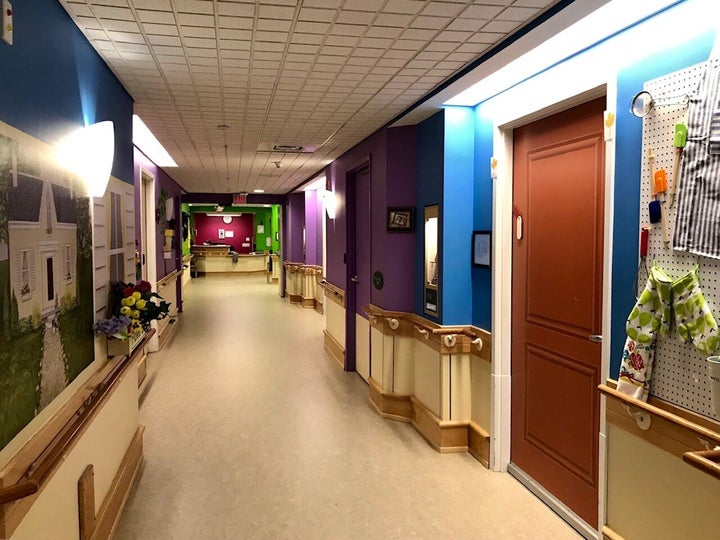A hallway at Sunnyside Home in Kitchener, Ont. with bright colours to improve residents' moods.