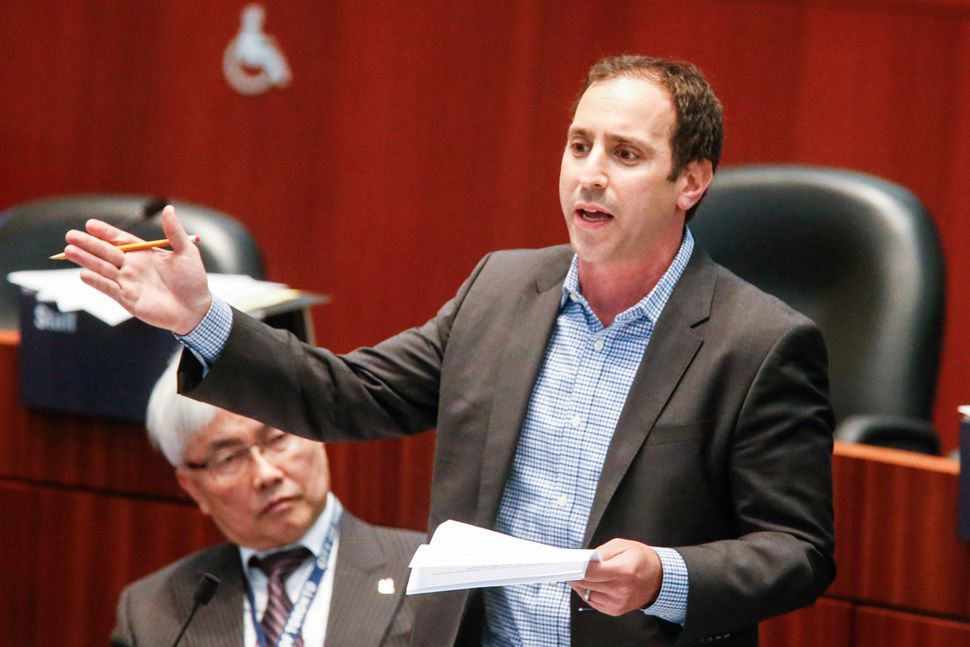 Toronto Councillor Josh Matlow speaks at city council in 2017. 
