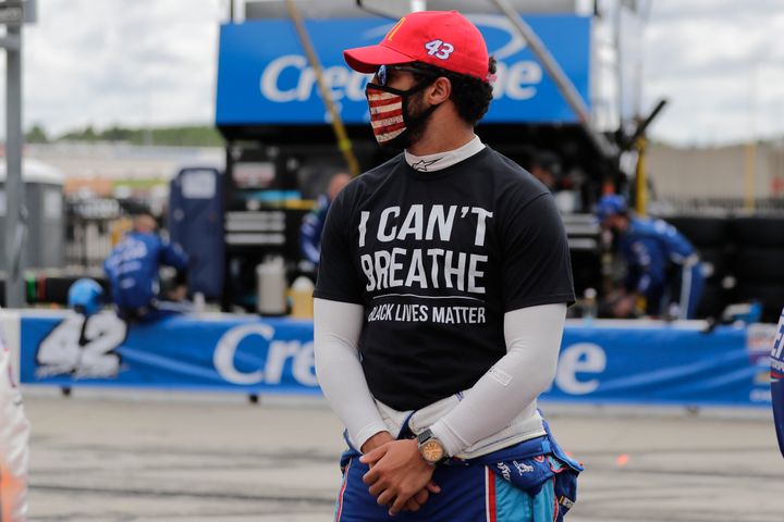 Bubba Wallace wears an "I can't breathe. Black lives matter" shirt before a NASCAR Cup Series race Sunday at Atlanta Motor Speedway in Hampton, Ga.