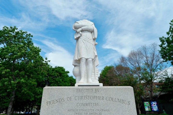 The statue in Boston's Christopher Columbus Park was vandalized as a movement to remove statues commemorating slavers and colonizers sweeps across the U.S.