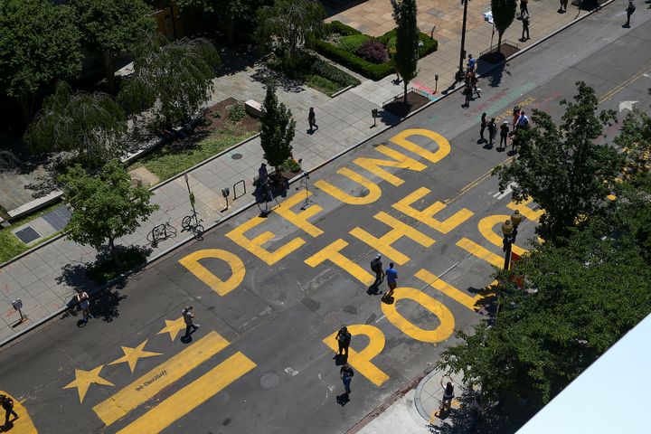 “Defund The Police” was painted on 16th Street near the White House in Washington on Monday.