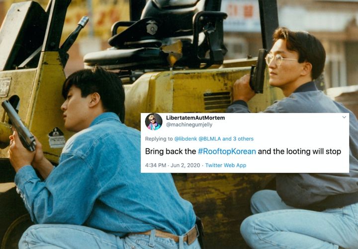 Korean storeowners defend their property as gunfire breaks out in Koreatown in Los Angeles in 1992. Today the photos have been turned into political memes.