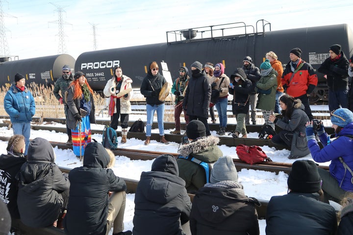 Hundreds of protesters occupy the Macmillan Yard in Vaughan, Ont. on Feb. 15, 2020 in solidarity with traditional Wet'suwet'en leaders opposed to an LNG pipeline through their territory.