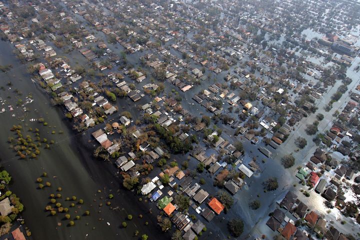 An aerial view of homes surrounded by floodwaters in New Orleans in September 2005.