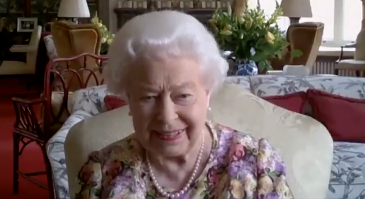 A screenshot of Queen Elizabeth II on a video call.