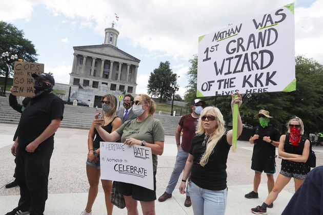 Demonstrators take part in a protest Wednesday outside of the Tennessee Capitol. The bust of Nathan Bedford Forrest, a former Confederate general and Ku Klux Klan leader, has been the center of controversy for years.