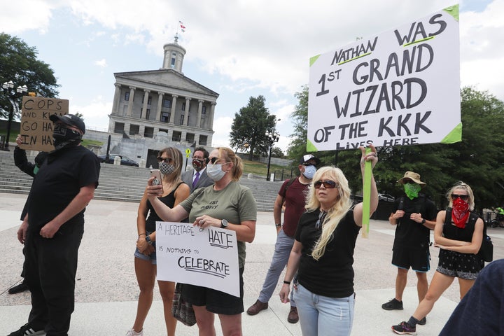 Demonstrators take part in a protest Wednesday outside of the Tennessee Capitol. The bust of Nathan Bedford Forrest, a former