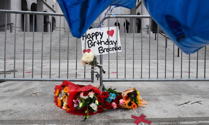 Flowers and a birthday greeting for Breonna Taylor at City Hall in Los Angeles, on what would have been her birthday, June 5, 2020.