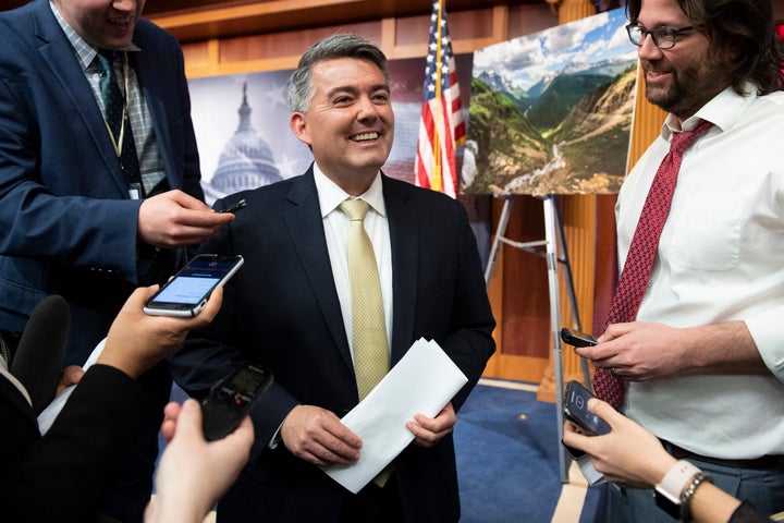 Sen. Cory Gardner (R-Colo.) speaks with reporters in the Capitol after a news conference on the Land and Water Conservation Fund on March 4.