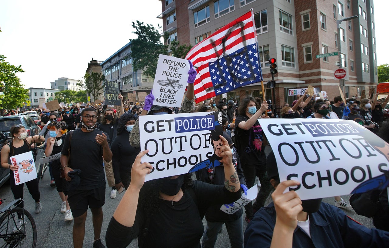 Hundreds march with the Coalition of Black Youth in Boston on June 10. The protestors marched from Nubian Square to City Hall to urge Boston City Council to reallocate Boston police funding to youth jobs programs like SuccessLink, violence prevention, and to hire additional mental health counselors in Boston Public Schools.