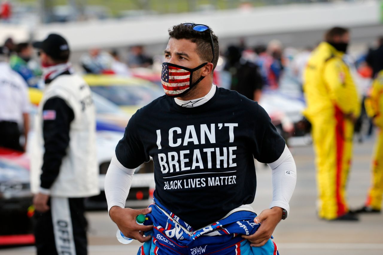 Driver Bubba Wallace wears a Black Lives Matter shirt as he prepares for a NASCAR Cup Series auto race on June 10 in Martinsville, Virginia.
