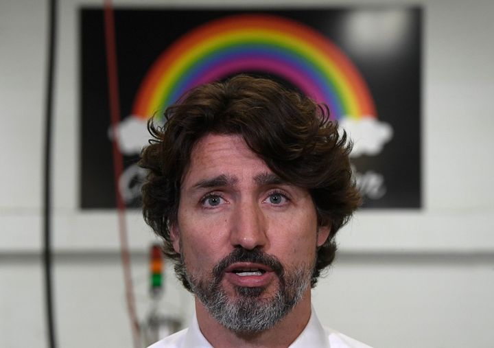 Prime Minister Justin Trudeau speaks during a news conference following a visit to a printing business in Ottawa on June 11, 2020.