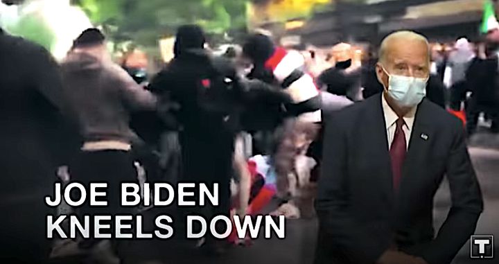 This screen shot of a new Donald Trump campaign ad carves out an image of Joe Biden kneeling at Bethel AME Church in Wilmington, Delaware. It's superimposed over a scene of protest violence, indicating the two are somehow connected.