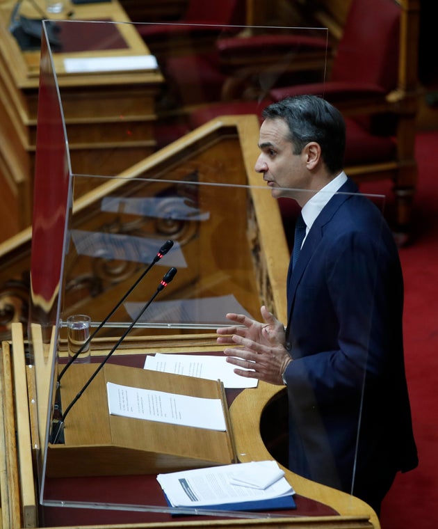 Φωτογραφία αρχείου. 5 Μαϊου 2020. Ο πρωθυπουργός Κυριάκος Μητσοτάκης στο βήμα της Βουλής. (AP Photo/Thanassis Stavrakis)