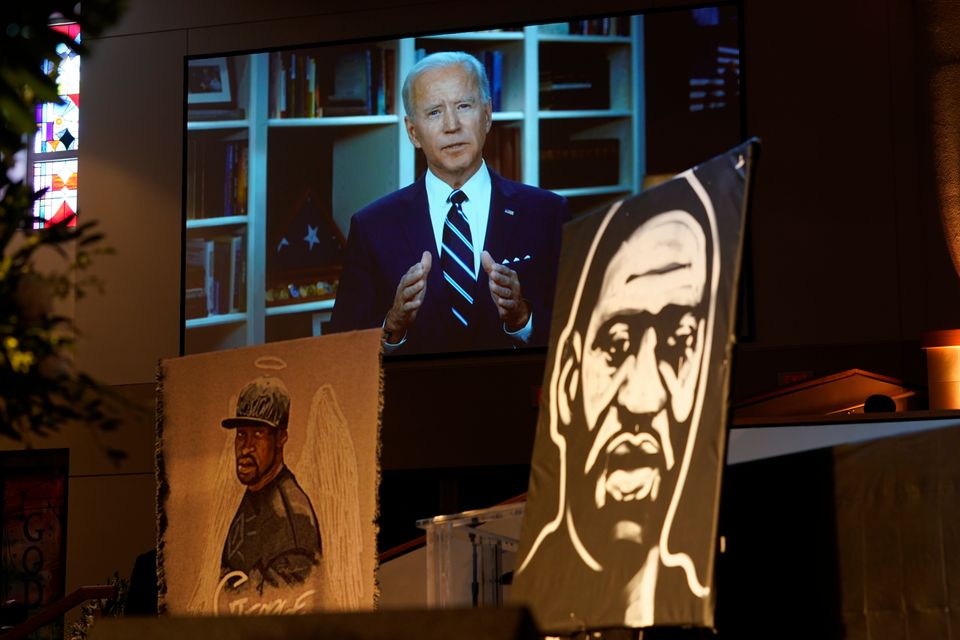 Joe Biden speaks via video link as family and guests attend the funeral service for George Floyd.