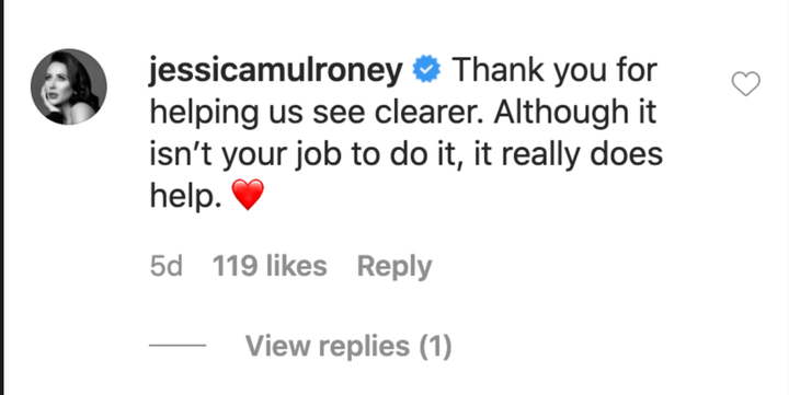 A screenshot of Jessica Mulroney's since-deleted comment under Moore's post.