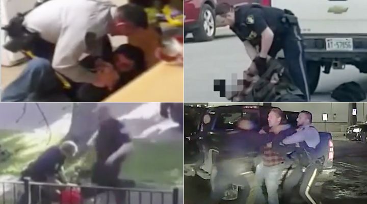 Over the past five years, police have been captured on video using force to arrest Indigenous people. Clockwise from top left: A Yukon RCMP officer pins a man to the ground in 2015, an OPP officer attempts to arrest a girl who appears unconscious in Sioux Lookout in 2019, an Edmonton police officer kneels on the back of a man in 2019, and an Alberta RCMP officer charges at First Nations Chief Allan Adam earlier this year.