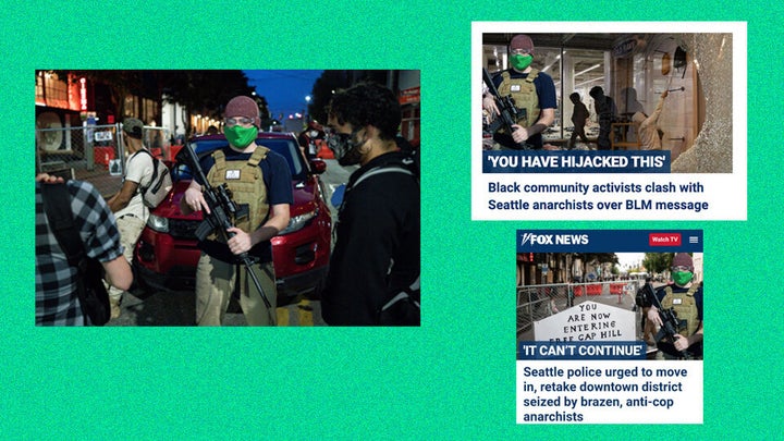 Fox News has used the original image on the left, by photographer David Ryder, to edit the armed man into photos of other scenes, implying that the autonomous zone is guarded by armed militias.