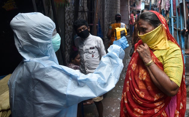 Health workers conducting coronavirus testing drive in Dharavi on June 11, 2020 in