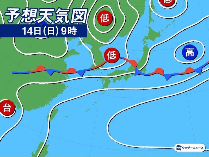予想天気図 14日(日)9時