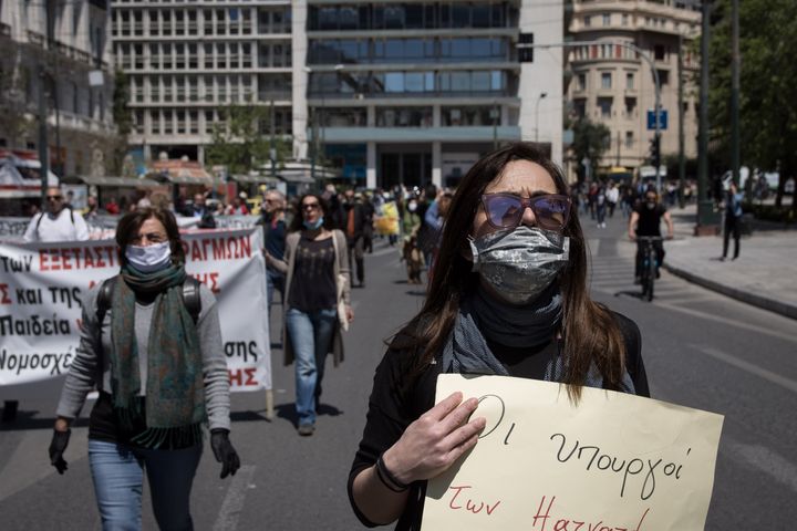Protest by teachers and students against the new education related multi-bill outside the Greek Parliament in Athens, Greece on April 24, 2020. (Photo by Nikolas Kokovlis/NurPhoto via Getty Images)