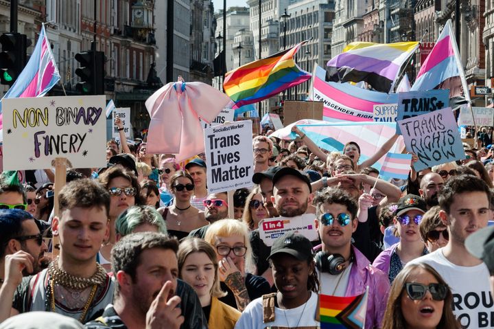 Thousands of transgender people and their supporters take part in London's first ever Trans Pride march in September 2019. 