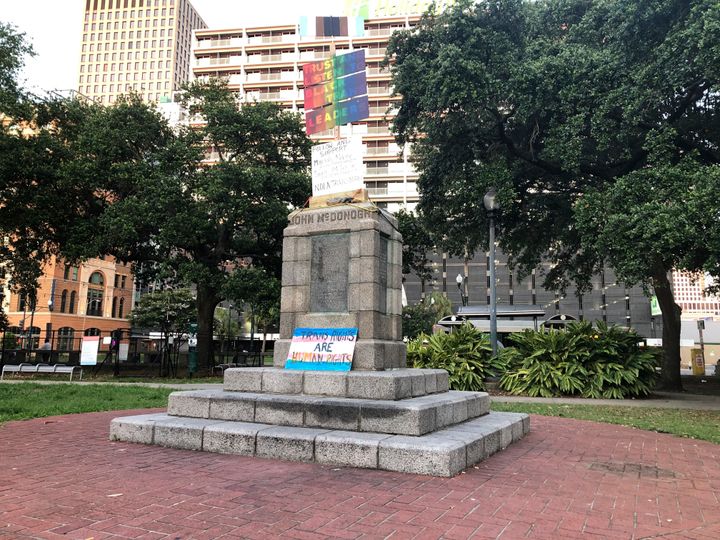 The pedestal is left after protesters removed a bust of John McDonogh, Saturday, June 13, 2020, in Duncan Plaza in New Orleans. Demonstrators pulled down the bust of McDonogh, a slave owner who left his wealth to build schools, took the remains to the Mississippi River and rolled it into the water. (AP Photo/Rebecca Santana)
