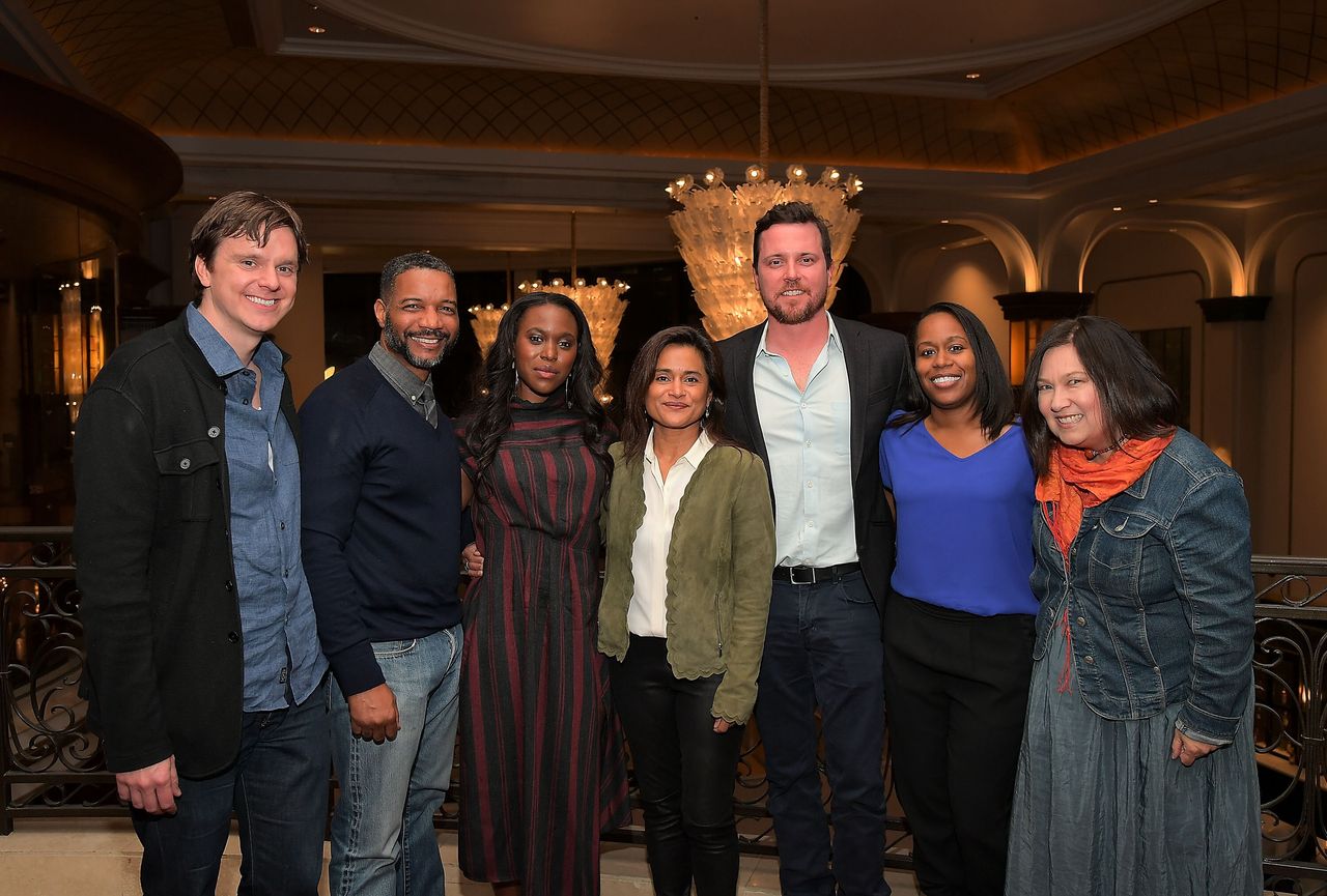 Writers Dan Nowak and David Shanks (from left), actor Clare-Hope Ashitey, creator and executive producer Veena Sud, actor Michael Mosley and writers Shalisha Francis and Evangeline Ordaz attend the Netflix and Color of Change special screening and Q&A for “Seven Seconds” on Feb. 13, 2018, in Los Angeles.