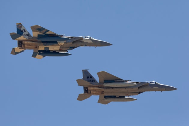 Two US F-15 fighter jets, pictured here in 2013.