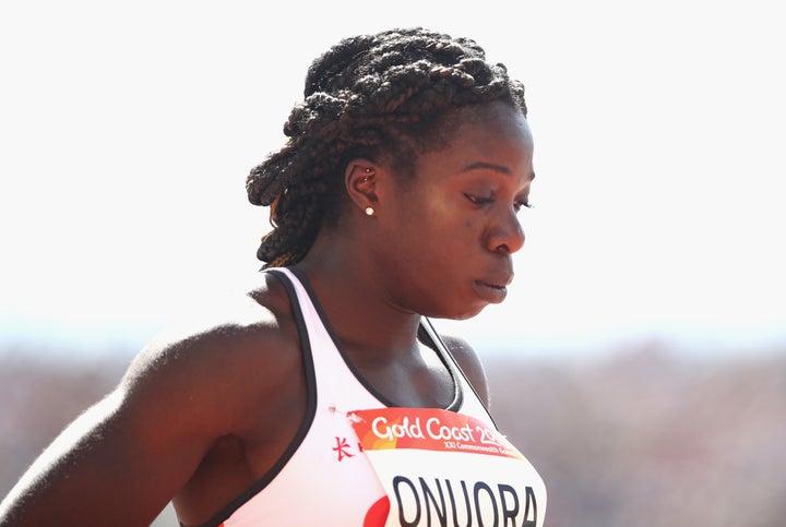 GOLD COAST, AUSTRALIA - APRIL 09: Anyika Onuora of England looks on as she prepares to compete in the Women's 400 metres heats during the Athletics on day five of the Gold Coast 2018 Commonwealth Games at Carrara Stadium on April 9, 2018 on the Gold Coast, Australia. (Photo by Cameron Spencer/Getty Images)