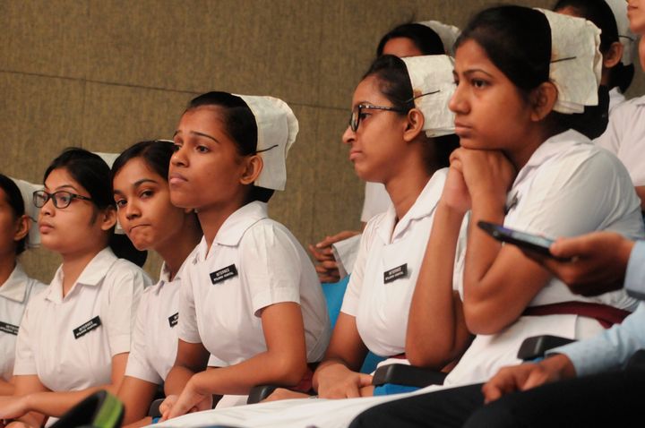 Nurses during an event where the 'Bishishta Chikitsha Samman' was conferred by Chief Minister of West Bengal Mamata Banerjee to eminent doctors on the occasion of National Doctors' Day, at SSKM Hospital on July 1, 2019 in Kolkata, 