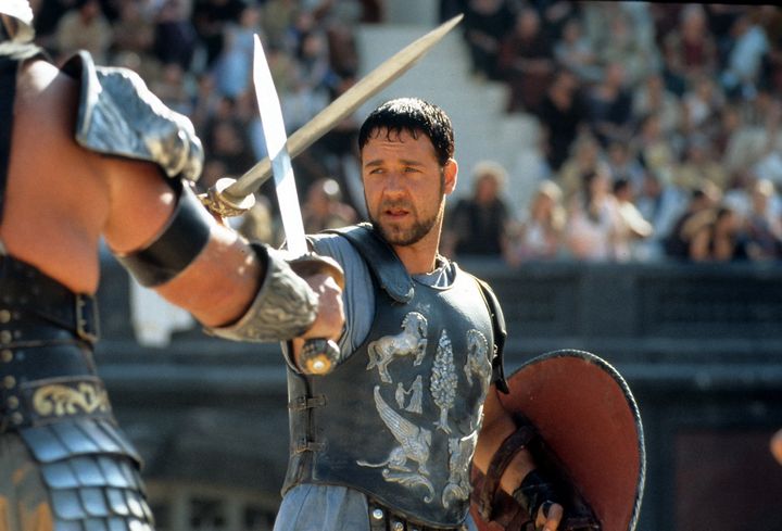 Russell Crowe facing off in a scene from the film "Gladiator."