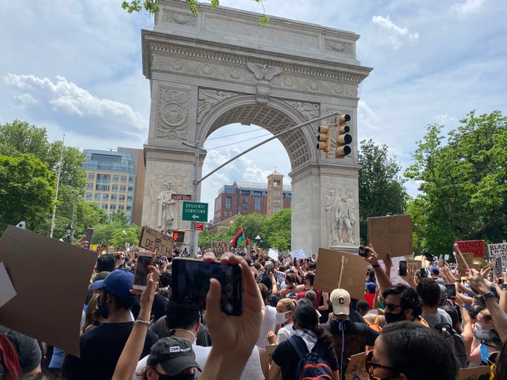 A Black Lives Matter protest gathers at Washington Square Park in New York City on June 6, 2020 