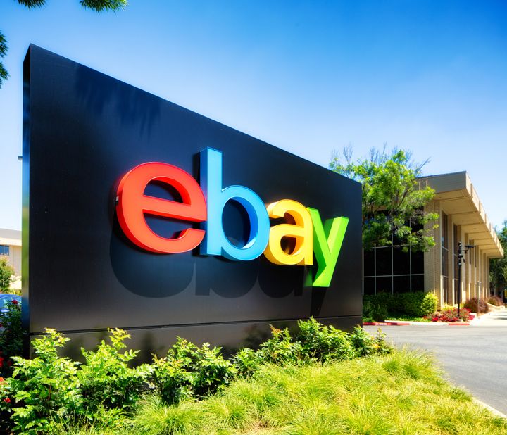 San Jose, USA - May 9, 2016: Ebay south campus entrance sign in San Jose California. Oblique view with campus building behind it.