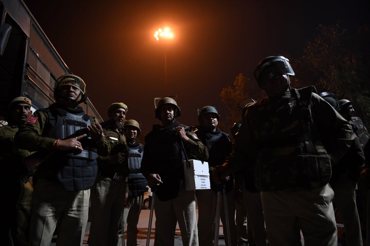 Police patrolling a riot-hit area in New Delhi on February 25, 2020.