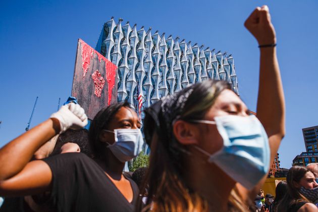 Activists gathered chanting slogans at the US embassy in London during the George Floyd demonstration.